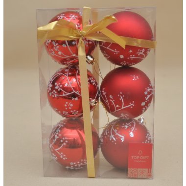 TG78993-3 BOMBKI*6 CZERWONE DEKOR PLASTIK 8CM